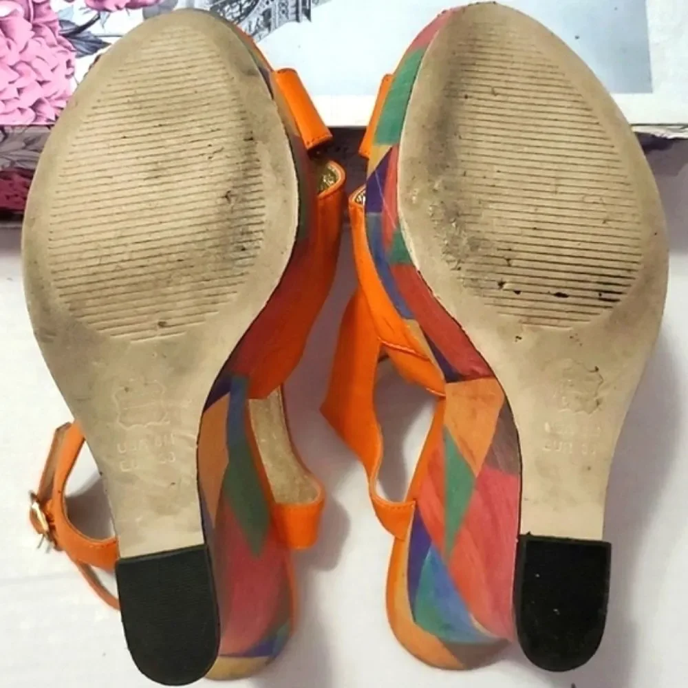 Adrianna Papell Colorful Artsy Orange Geometric Leather Platform Sandals 8M